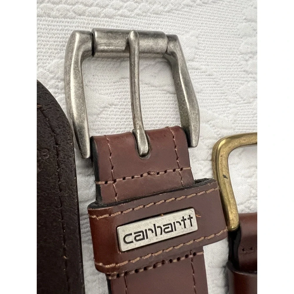 LOT of 2 Carhartt Mens Leather Belt Size 40 Brown Brass Brushed Nickel NICE